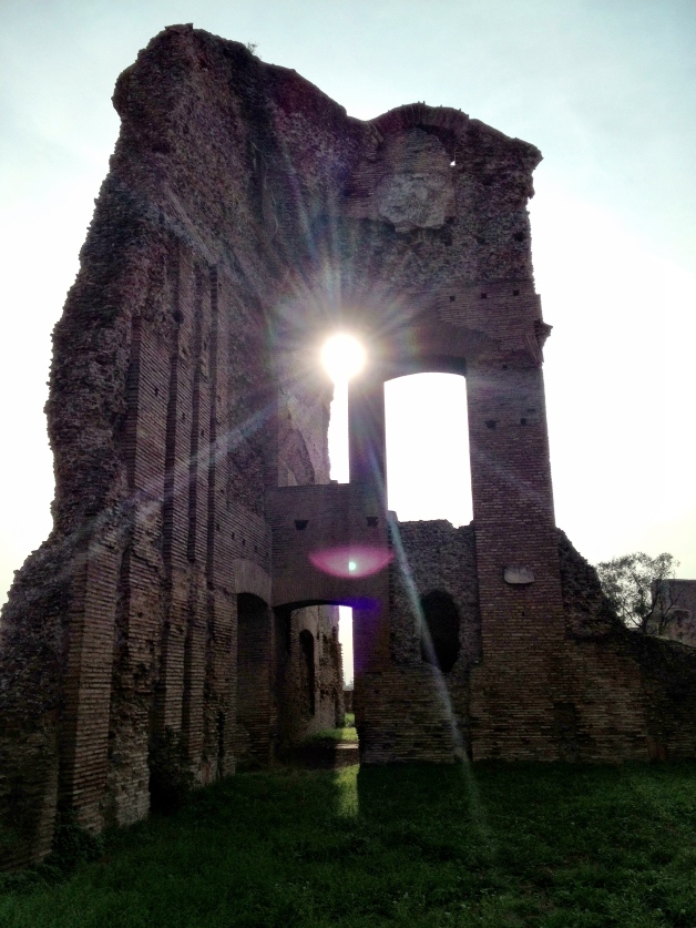 Sun shining through ruins.