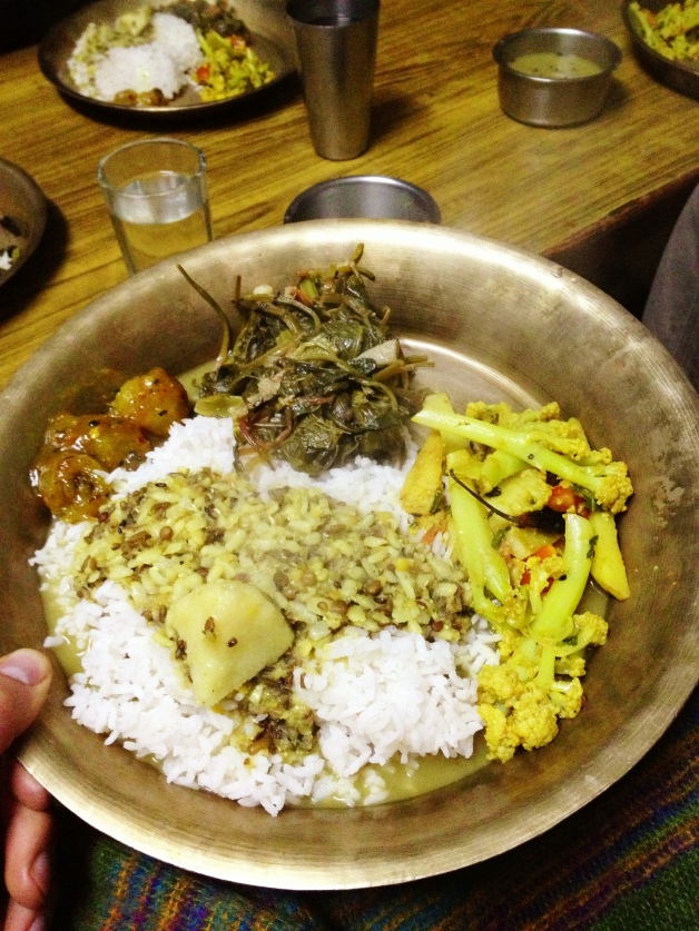 Daal, Baht, and Curried Vegetables. And Pickles. And Saag (green vegetables, spelling probably incorrect).