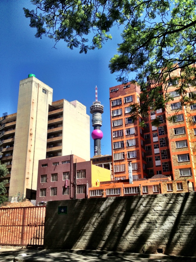 The Telkom Tower and some other Jozi buildings, as seen from a Hillbrow sidewalk.